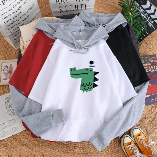 Fall Winter Contrast Color Splicing Fleece Hoodies Women Cartoon Kawaii Little Monster Print Korean Harajuku Fashion Sweatshirt