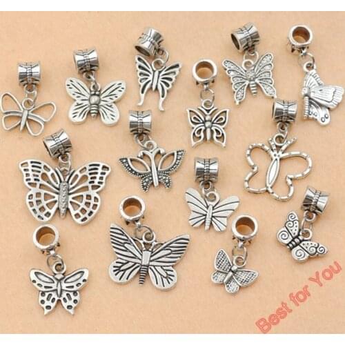 KJjewel Tibetan Silver Plated Butterfly Beads fit Pandora European Bracelet Jewelry DIY Findings Handmde 14pcs/lot