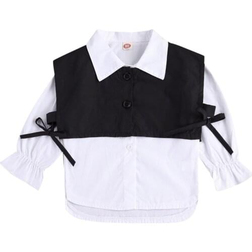 2 Pcs Girls Casual Fashion Outfits Baby Solid Color Long Sleeve Lapel Button Down White Shirt + Black Tie Up Vest 1-5 Years