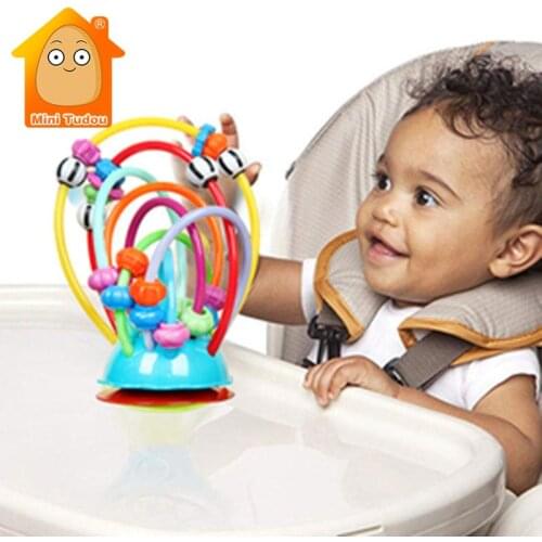 Soft Silicone Baby Rattle Beads Toy Table Sucker Rattles Infant Dining Chair Suction Rattles Stroller Handheld Suction Cups Toys