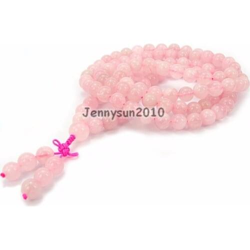 Natural Rose Qua-rtz 10mm Gems Stone Buddhist 108 Beads Prayer Mala Long Necklace Multi-Purpose 5Strands/Pack