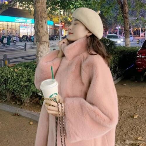 2021 winter new imitation mink mink plush long coat stand collar over the knee thick loose coat for female students Overcoat