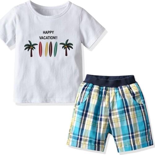 2 3 4 5 6 Years Toddler Boys Sets Casual Printed Short-sleeved T-shirt Lattice Shorts Kids Clothing Summer Baby Boy Suits 2020