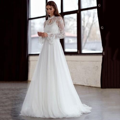 Eightree Boho Wedding Dress White Lace Applique Beach Wedding Dresses High Neck Bride Dress Long Sleeve Weeding Gowns Plus Size