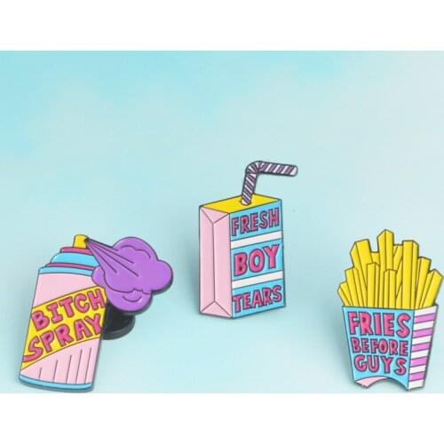 Cartoon Big Fries Before Guys Fresh Boy Tears Drink Box BITCH SPRAY Cute Alloy Brooch Metal Badges Hat Shirts Lapel Enamel Pin
