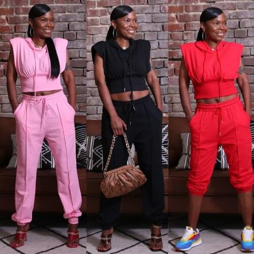 Shoulder Pads Hooded Waistband Sports Tracksuit Women Casual Drawstring Crop Top + Sweatpants Slim Two Piece Set Matching Set
