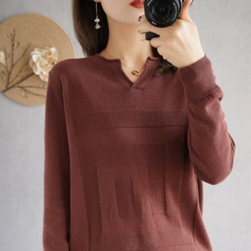 Early autumn new style 100% cotton long-sleeved sweater V-neck pullover short loose cotton long-sleeved ladies top