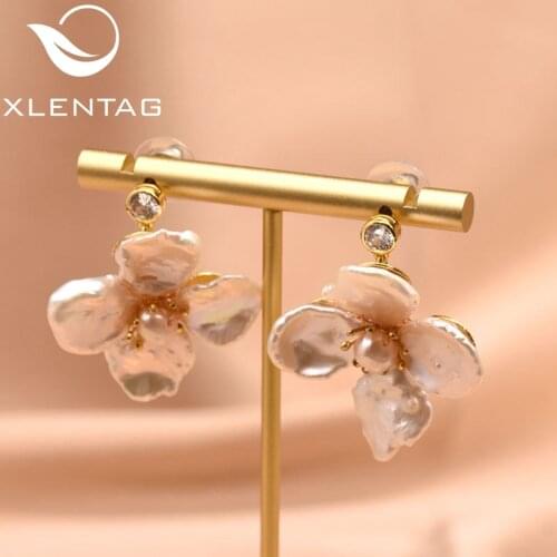 Xlentag Pure Natural White Freshwater Pearl Flower Shaped Drop Earrings Ladies Wedding Gift Handmade Fine Fashion Jewelry GE0712