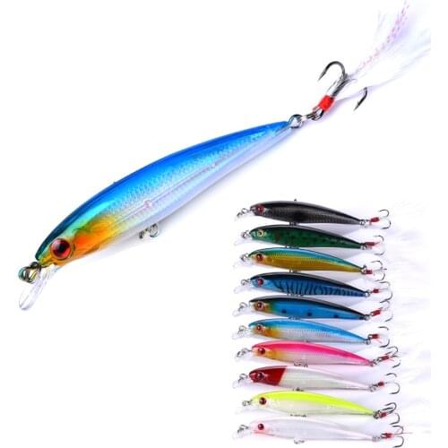 YUZI 1PCS Minnow Fishing Lures 8g/9cm Hard Lure Fishing Tackle 6# Feather Hook Artificial Bait 3D diving 0.5-1.5m