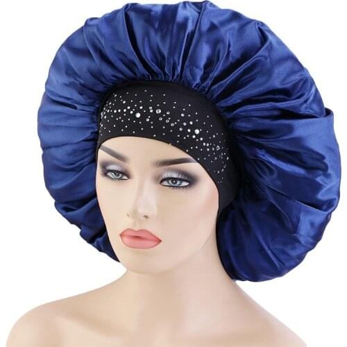 Women Satin Bonnet Elastic Wide Band Hair Wraps Large Size Hot Drilling Sleeping Night Cap Hat Head Cover Hairdressing Shower