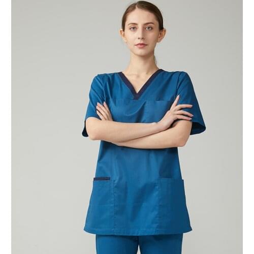 Pure Cotton Color Blocking Scrub Top Women Uniforms Short Sleeve V Neck Shirt Veterinary Side Vent Big Pockets Workwear Clothes