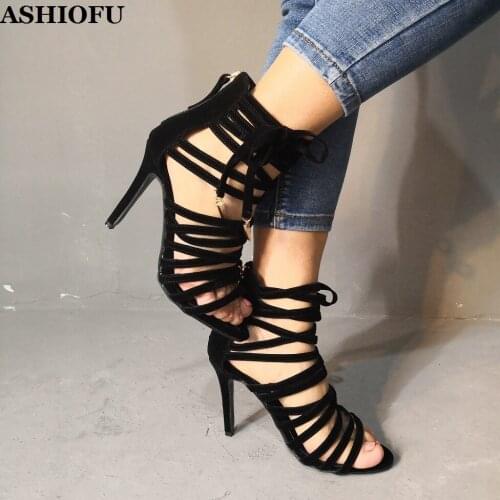 ASHIOFU Hot Style Womens High Heel Sandals Cross-straps Shoelace Party Prom Shoes Sexy Club Dance Office Fashion Sandals Shoes
