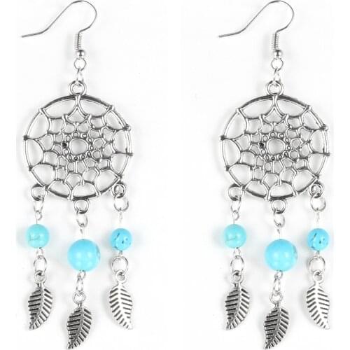 Women Boho Natural Stone Hollow Dreamcatcher Turquoises Earrings Dangled Earrings Amethysts Onyx Fluorite Tassel Hanging Jewelry