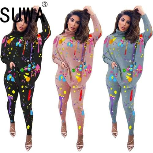 Splash Ink Print Women Set High Neck Full Sleeve 2 Pieces Clothes Set Ladies Street Matching Suit