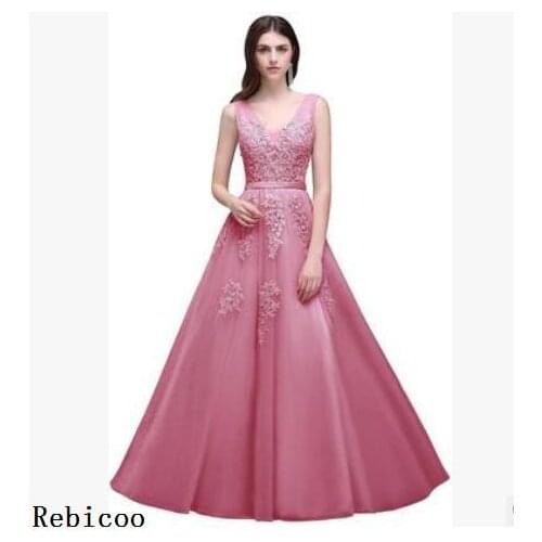 Rebicoo Robe De Soiree Courte Long Pink Prom Dress With Lace Appliques Beaded Prom Dresses For Graduation Party Dress