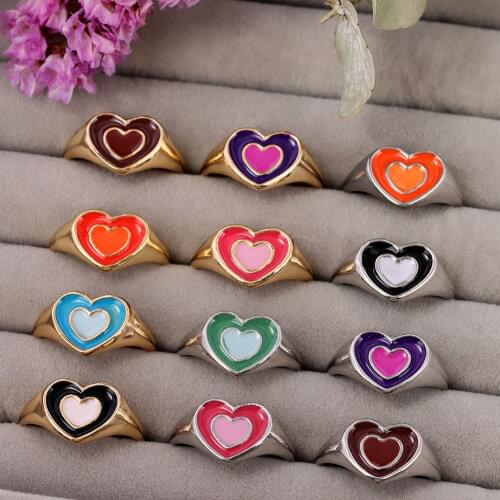 Vintage Crown Love Heart Rings For Women Gold Silver Color Metal Ring Colorful Dripping Oil Enamel Ring Couple Gift Jewelry