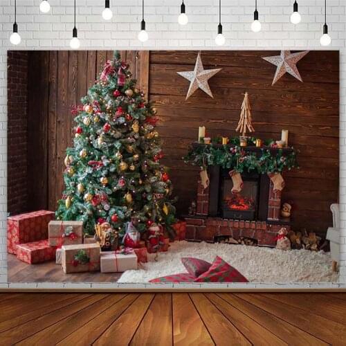 Winter Backdrop Christmas Tree Fireplace Gift Candle Stars Plank XMAS Child Photography Background Photo Studio Photozone Props