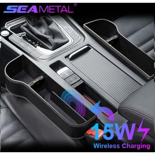 15W Wireless Charging Car Seat Gap Organizer PU Leather Dual USB Seat Storage Box for Wallet Phone Card Cup Holder Car Products