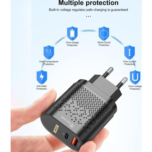 20W USB Type-C Charger 2 Port PD QC 3.0 For IPhone Max Mini Quick Charger 3.0 QC 20W USB Fast Charging Travel Wall Smart Phone