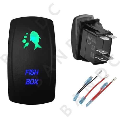 Car Boat FISH BOX Rocker Switch 5P ON-OFF SPST Laser Etched Illuminated Green&Blue Led Ligh for Marine Vehicle Yacht,Jumper Wire