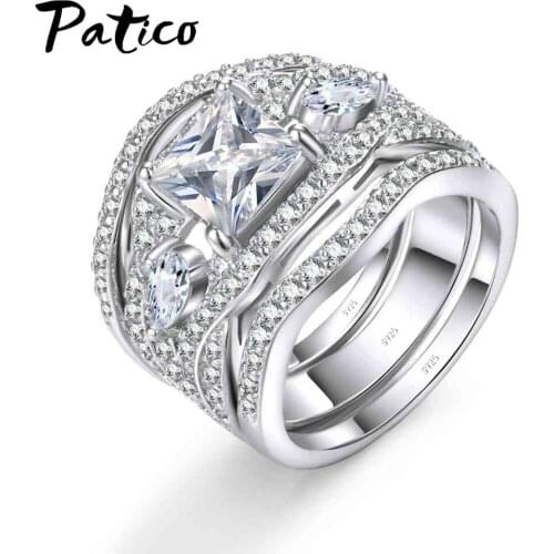 Big Promotion Fashion Design 3 pcs Different Style Ring Sets For 3 Fingers 925 Sterling Silver Small Crystals Full Paved