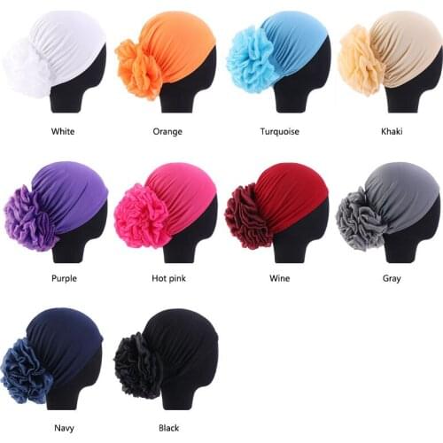 Big Flower Hair Caps Turban Hat Muslim Headscarf Pile Heap Cap Women Soft Comfortable Hijab Caps Islamic Chemotherapy Hat