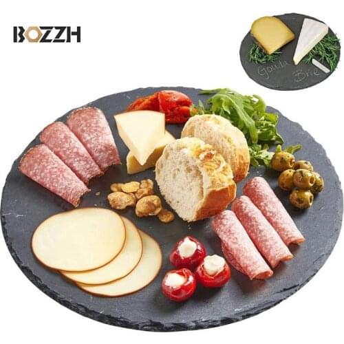 BOZZH Natural Black Western Slate Stone Dish Steak Plates Slate Dinner Plate Cheese Pizza Dessert Dish Tray