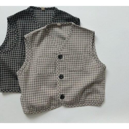 Korean Japan Style Childrens Plaid Vest Spring Autumn Baby Boys Girl Sleeveless Cotton Linen Coat Kids Cardigan Coat