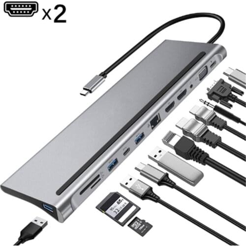 12-in-1 Fast Type C USB Hub For Dual 4K Docking Station RJ45 Pd HDMI-Compatible USB3.0 2.0 Charging VGA Audio Jack 3.5mm Adapter
