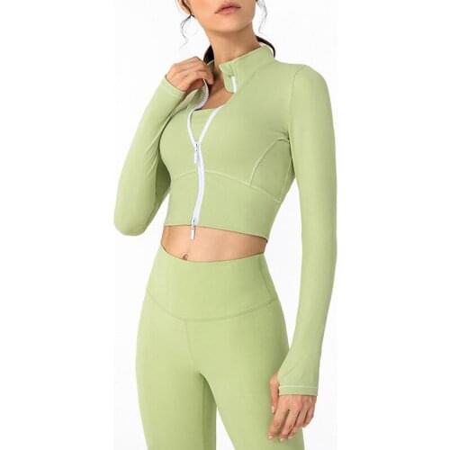 Two Way Zipper Nylon Sports Workout Long Sleeved Crop Jacket Women Stand Up Collar Fitness Yoga Athletic Coat with Thumb Holes