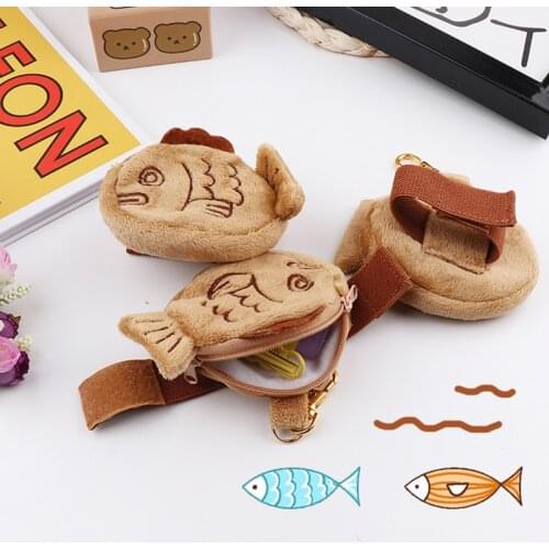 Flannel Soft Fish Coin Purse Embroidery Brown Korea Girls Mini Money Bag Key Case Card Holder Wrist Bags Pendant For Girl Bag