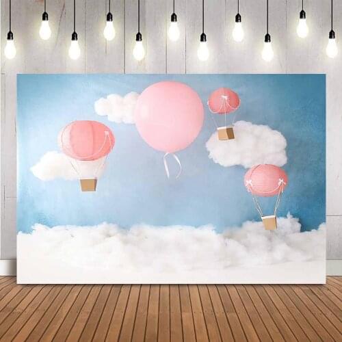 Blue sky white clouds portrait newborn kids backdrop for photography studio pink hot air balloons photo background studio props