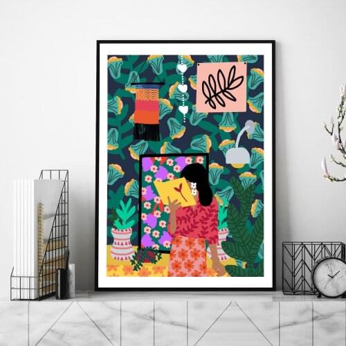 Art Canvas Painting Nordic Abstract Reading Woman Green Poster and Prints Painting on The Wall Decor for Living Room Decor