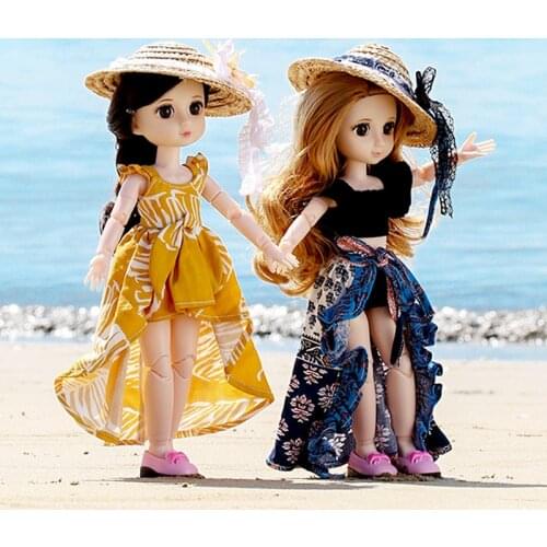 30cm BJD Dolls with Bohemian Dress Straw Hat 1/6 Girl Doll Summer Beach Clothing Dress Up Toys for Baby Birthday Festival Gift