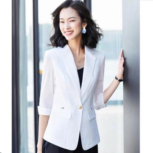 Summer Thin Women Blazers And Jackets Three Quarter Sleeve Notched Pockets Plus Size 3xl Office Lady Yellow White Blazer Hollow