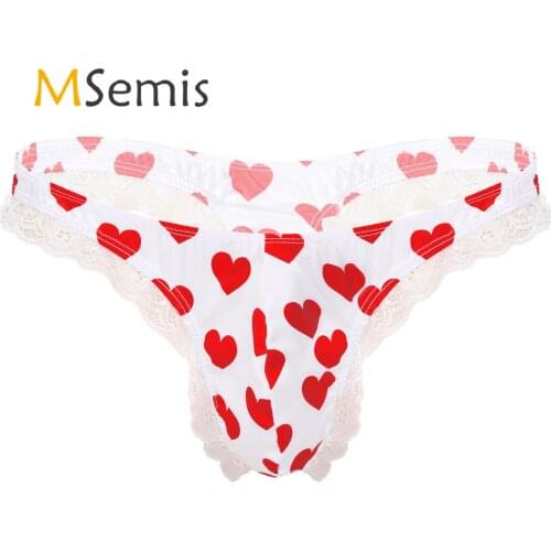 MSemis Mens Sissy Panties Lingerie Shiny Satin Ruffle Lace Polka Dots Bikini G-string Thong Underwear High Cut Pouch Underwear