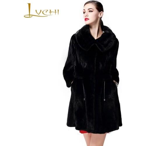 LVCHI Winter 2019 Imported Mink Womens Natural Fur Coat Turn-Down Collar Nine Quarter Mink Coat Black Slim Medium Mink Coats