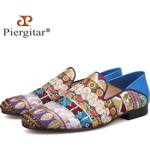 Piergitar 2019 new arrival Handmade Sequined Mixed men shoes Party men loafers back stitching leather can be worn as men slipper