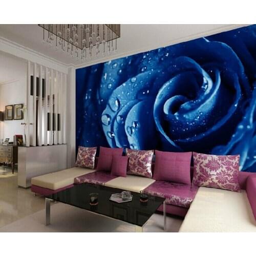 Wholesale Waterdrop Blue 3d Flower Mural Rose Wallpaper for Sofa Background Bedroom 3d Rose Flower Wall paper 3d Photo Stickers
