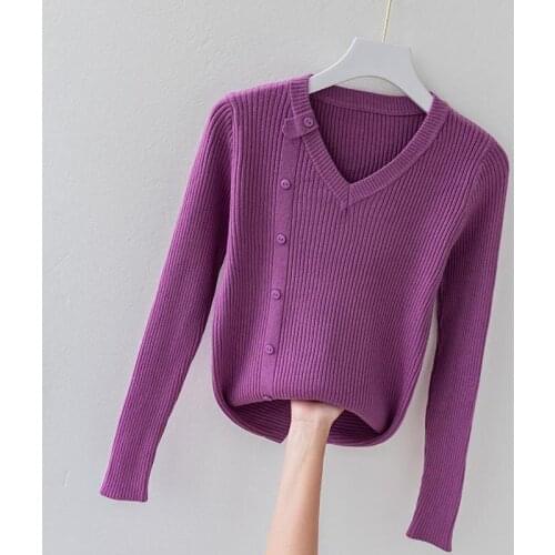 Basic V-neck Buttons Solid Autumn Winter Sweater Pullover Ladies Female Knitted Sweater Slim Long Sleeve Badycon Purple Sweater