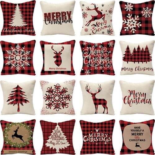 Retro Red Geometric Lattice Cushion Cover Christmas Tree Elk Snowflake Pillow Cover Art Home Decoration Sofa Throw Pillow Case