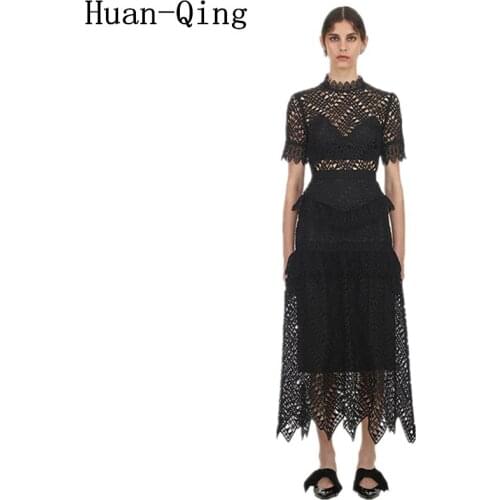 Self Portrait Long Dress Summer Runway Women Sexy Lace Crochet Hollow Out Tunic Party Dress Vestidos Short Sleeve Ruffles Dress