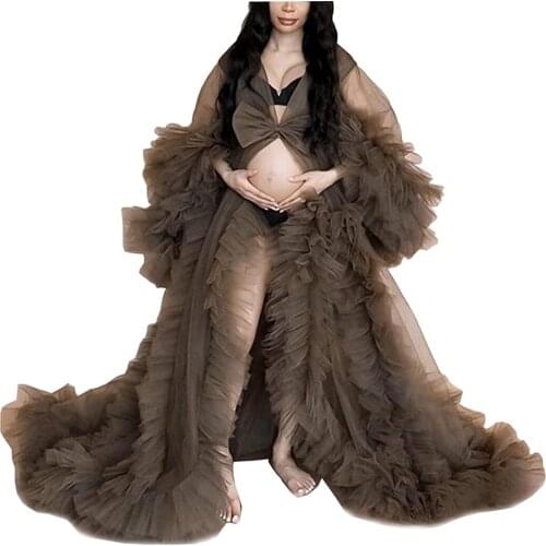 Chic Ruffle Evening Dresses Womens Tulle Robe Puffy Sheer Long Bathgown for Maternity Photo Shoot Custom Made