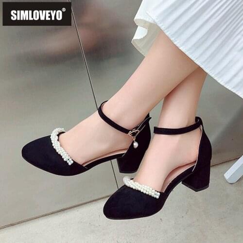 SIMLOVEYO New 2021 Women Pumps Round Toe 5cm Block Heels Flock Buckle Pearl Concise Elegent All-Match Big Size 43 Date A3749