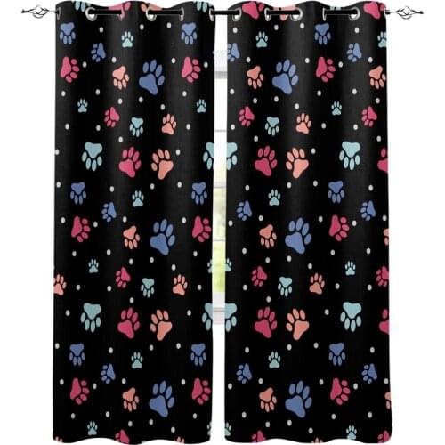 Cute Colorful Paw Black Bathroom Bedroom Kitchen Decor Kids Window Treatment Curtain Panels With Grommets Party Decoration