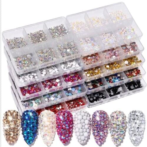 Nail Art Rhinestones Crystal Flat Bottom Mixed Color Multi-Size AB Porcelain White Champagne 6 Grids 3D Nails Decoration