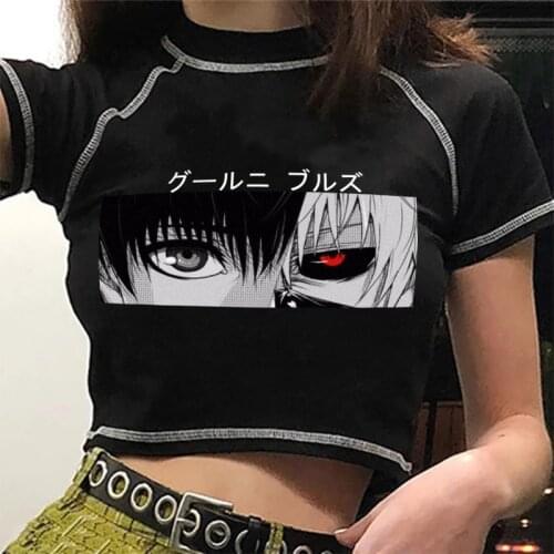 Y2k Gothic Black Vintage Sexy Women T-shirt Funny Anime Eyes Print KPOP Harajuku Slim Hot girl T-shirt Top Kawaii Cute Clothes