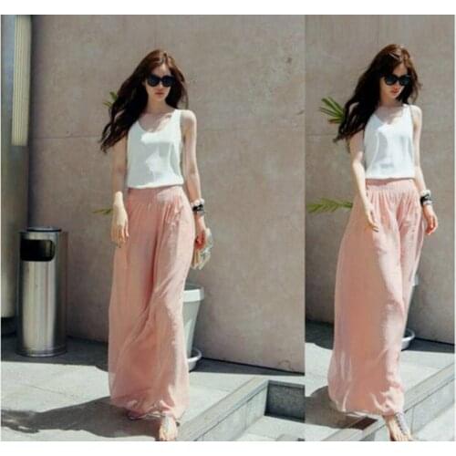 Womens Summer Streetwear Chiffon Culottes Loose Palazzo Skirt Pants Women High Elastic Waist Wide Leg Trousers Blue Pink Black