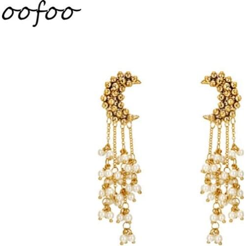 Gothic Tricolor Korean Dangle Fashion Rhin Estone Pearl Moon Long Tassel Earrings Simple Earrings for Women 2021 Jewelry