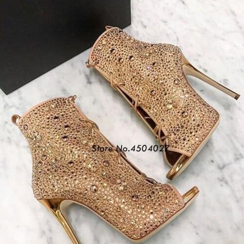 Hot Sale Women Peep Toe Rhinestone Stiletto High Heels Pumps Lace Up Crystal Ankle Booties Lady Party Dress Shoes